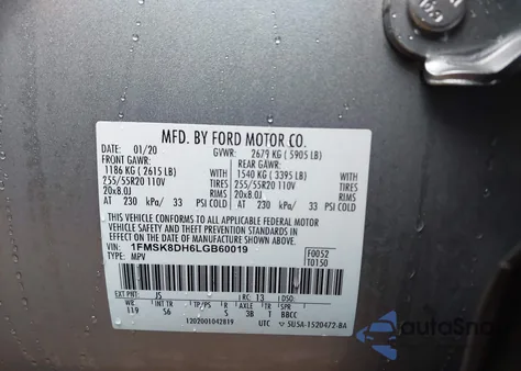 2020 Ford Explorer Xlt из США, поврежденный, VIN 1FMSK8DH6LGB60019